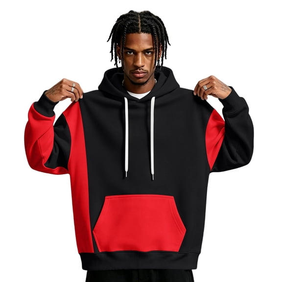 Fabrcox Mens Pullover Hoodie Fleece Color Block Oversized Mens Hooded Sweatshirt Y2k Fall Winter Warm Streetwear Athletic Long Sleeve Man Hoodies with Pocket Black XL