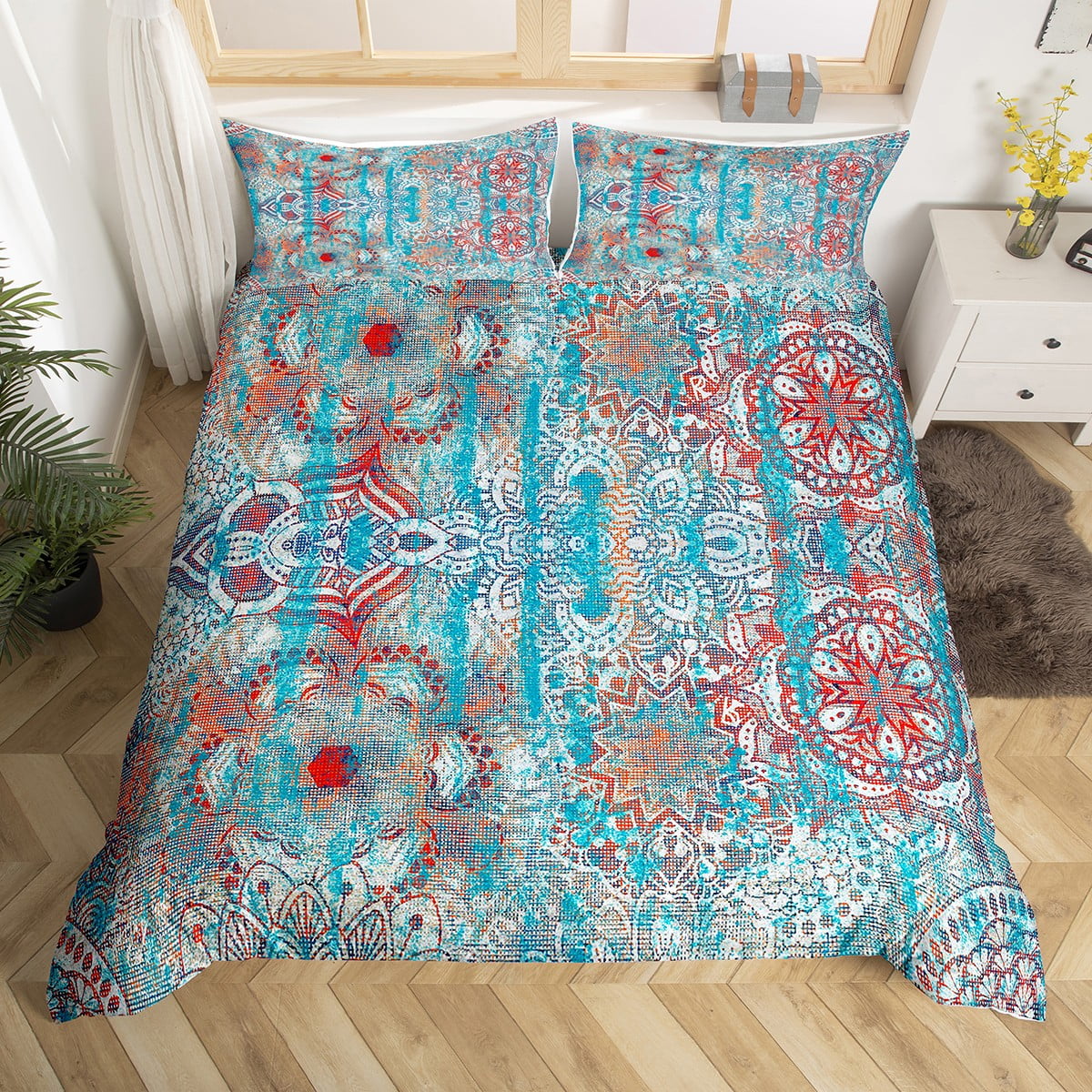 Boho Persian Duvet Cover King, Bohemian Flowers Bedding Set, Red Blue