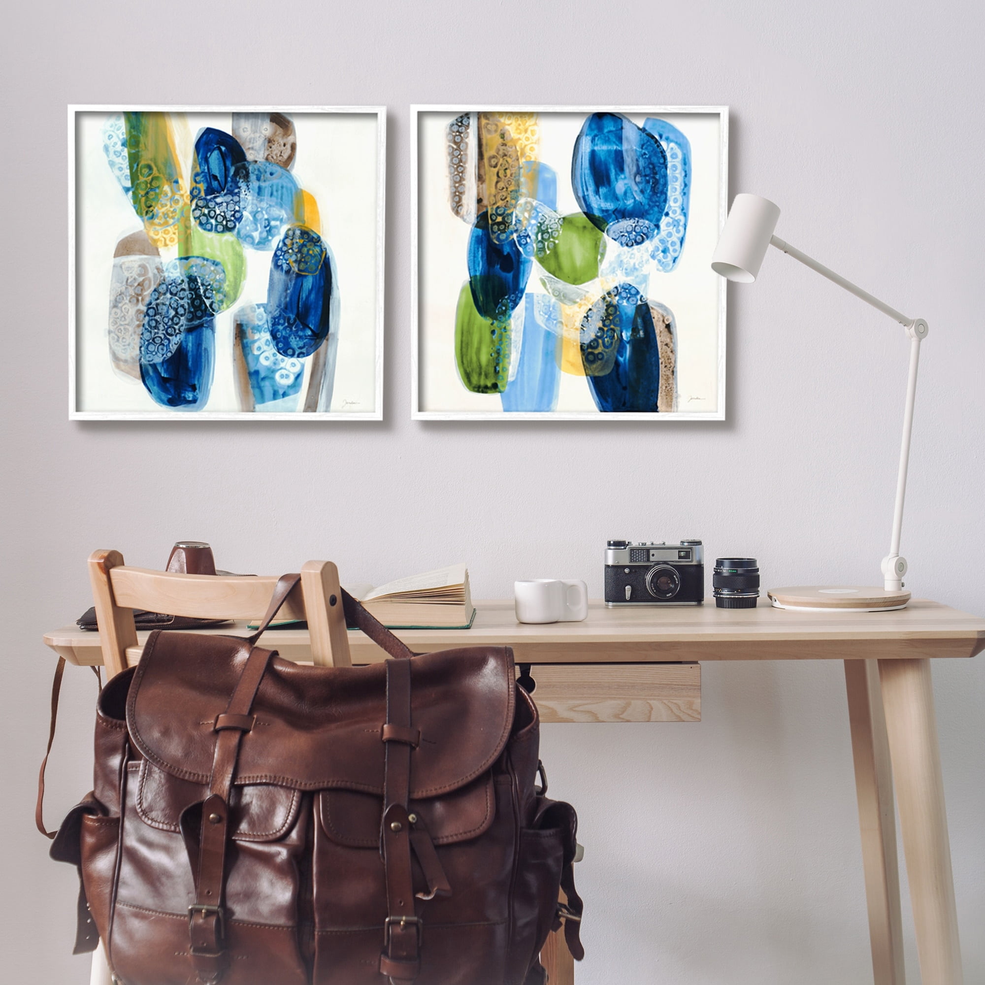 Stupell Industries Round Abstract Pebbled Shapes Layered Blue Tones Painting White Framed Art Print Wall Art, Set of 2, Design by Liz Jardine