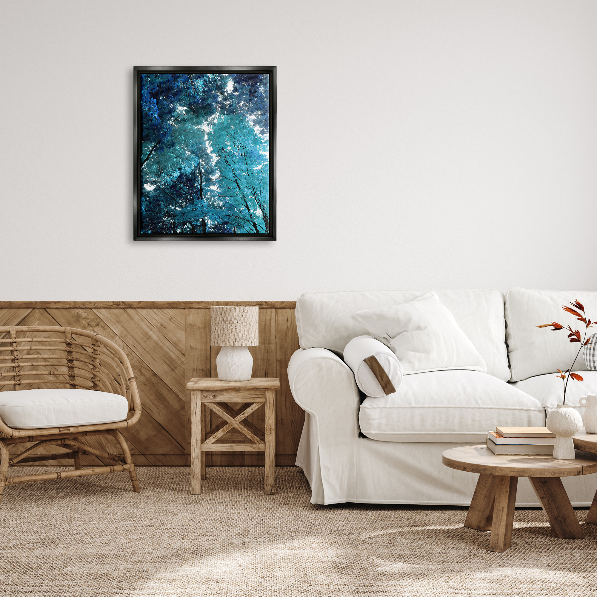 Stupell Industries Modern Blue Forest Trees Nature Painting Black Floater Framed Art Print Wall Art, 25 x 31