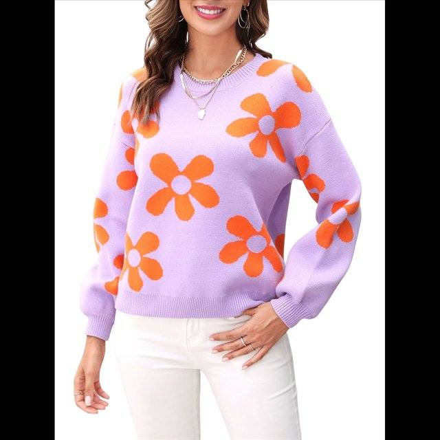 Suéter de Mujer de Otoño, Larga, Cuello Redondo, Jersey de Punto de Gran Tamaño, Tops Casuales con Estampados. Púrpura L