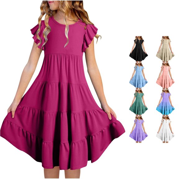 FYDUU Girls Dresses Summer Flutter Sleeve Flowy A-Line Dress Solid Color Casual Midi Dresses Trendy Clothes Girls Sundress 10-11 Years