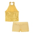 thumbnail image 6 of YEAHDOR Kids Girls Gymnastic Dance Outfit Halter Allover Sequins Tops with Gymnastics Workout Shorts Yellow 12, 6 of 7