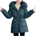 thumbnail image 2 of Women's Puffer Lightweight Coats with Pockets Lounge Solid Color Zip Up Parkas with Faux Fur Hood Long Winter Warm Coat with Elastic Belt Waist, 2 of 3