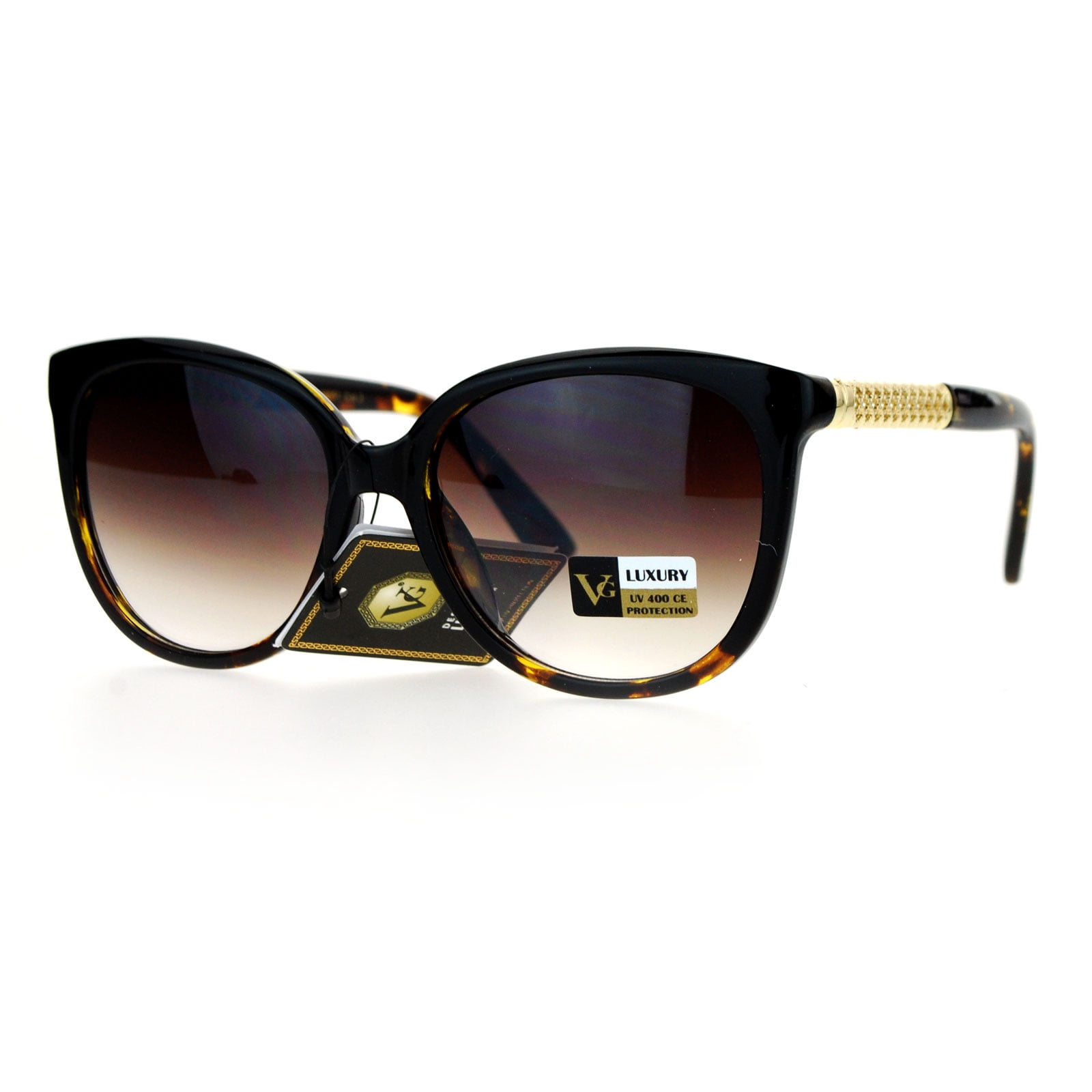 VG Eyewear Diva Metal Hollow Jewel Arm Oversize Horn Rim Sunglasses Black Tortoise Brown