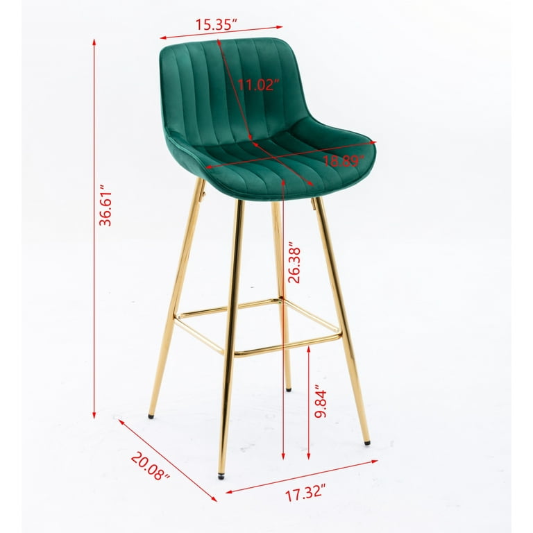 Modern Bar Stools Set of 2,Velvet Bar Chairs with Tufted Back and Golden Metal  Footrest,Upholstered Counter Height Bar Stools Dining Chairs,Club Side  Chairs for Home Bar Counter Kitchen,Green 