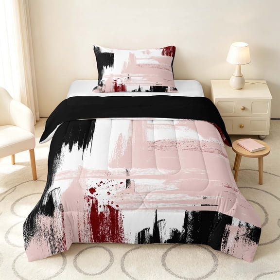 Manfei Vintage Oil Painting Twin Comforter Sets, Watercolor Brushstroke Bedding Set, Pink, Red and Black, Black Reversible 2-Piece, 1 Comforter and 1 Pillowcase