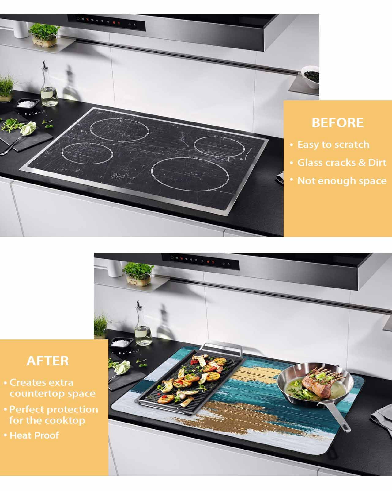 nqOlkjepod Large Induction Cooktop Protector Mat 36"x21", Modern Teal Green Stove Top Covers for Electric Stove, Abstract White Gold Oil Painting Stove Burner Cover Mats, Glass Top Stove Cover