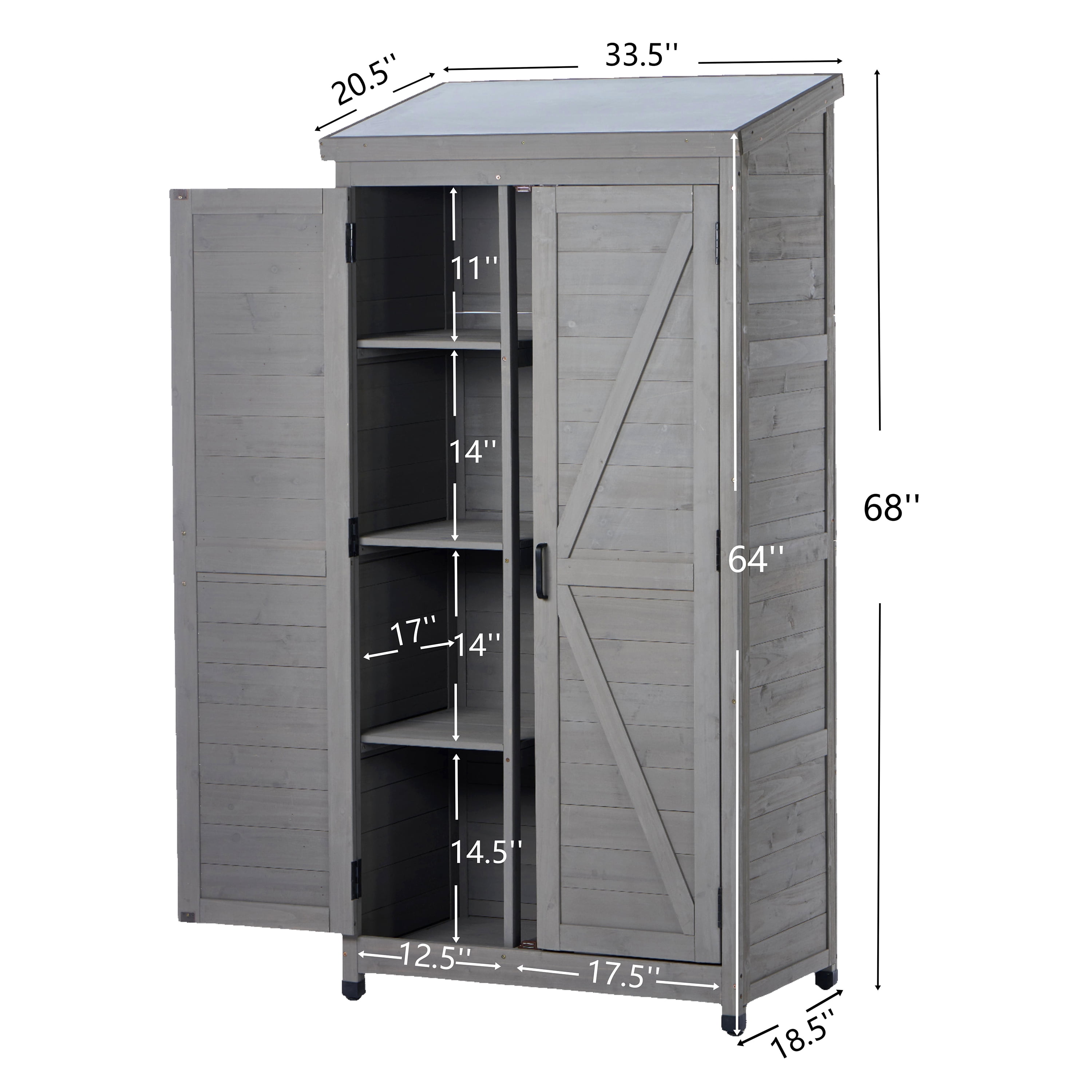 Outdoor Wooden Storage Shed, Metal Top Tall Vertical Tool Cabinet for Backyard Garden Patio Lawn Utility Storage, Grey