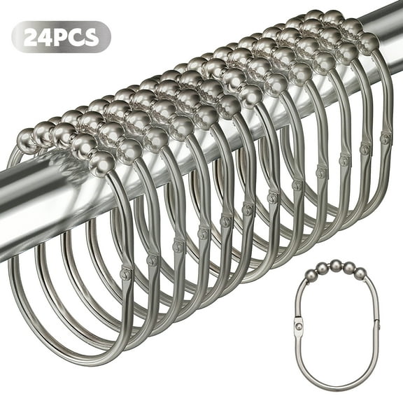 Godance 24 PCS Wide Shower Curtain Hooks, Rust Proof Stainless Steel Shower Curtain Rings, Heavy Duty Shower Hooks for Bathroom Shower Rods Curtains, Easy Glide Rollers, Set of 24, Matte Nickel