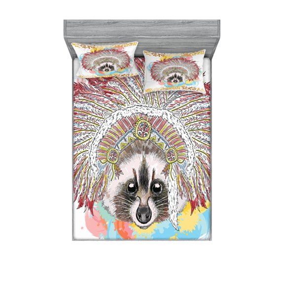 Ambesonne Tribal Fitted Sheet & Pillow Sham Set, Prehistoric Feathers Ethnic, Full, Multicolor