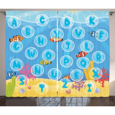 kid's activity curtains 2 panels set, letters of the alphabet in bubbles  under the sea educational illustration, window drapes for living room