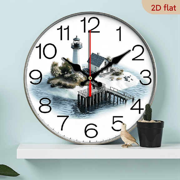 2D Flat 1pc 10Inch Wood Wall Clock Silent Non Ticking, Battery Operated, Lighthouse Clock Decorative for Home, Bedroom, Living Room Modern Decor Wall Clock