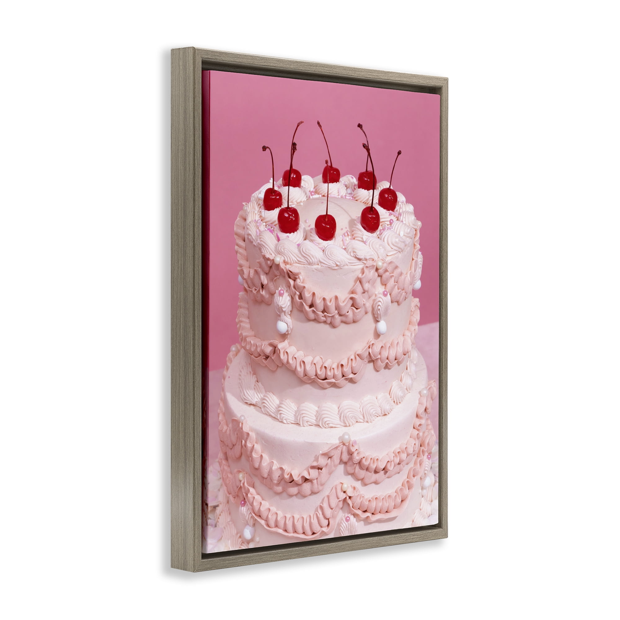 Stupell Industries Pink Cherries Cake Food & Beverage Painting Brown Floater Framed Art Print Wall Art, 17 x 25