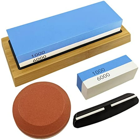 

Knife Sharpening Whetstone Set - Includes Dual 1000/6000 Grit Stone with Anti-Slip Bamboo Holder Pocket Size Stone 140/320 Grit Pebble Axe Sharpener and Angle Guide