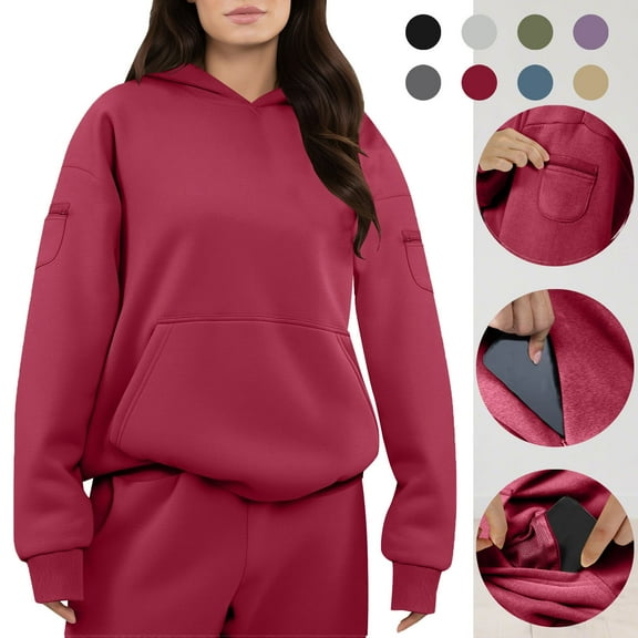 Frostluinai Womens Hoodies with Hidden Pocket Crew Neck Oversized Fleece Pullover Long Sleeve Solid Drop Shoulder Sweatshirts