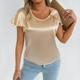 thumbnail image 2 of MIXUE Boho Tops For Women Summer Satin Solid Color Round Neck Short Sleeve Loose Fit Casual Tshirts Outwear,Brown,M, 2 of 6
