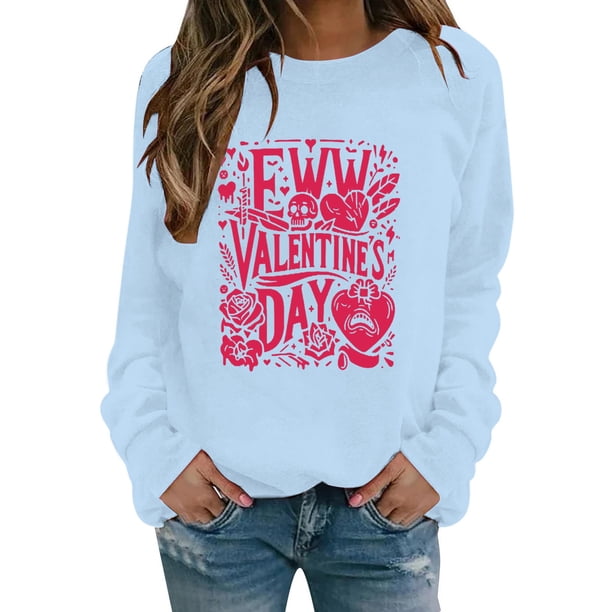 Gibobby Sudadera con forro polar Mujer Sudadera con estampado de inglesas para el día de San Valentín para mujer, camisa de amor, de manga larga para el día de San Valentín (Aqua, XL)
