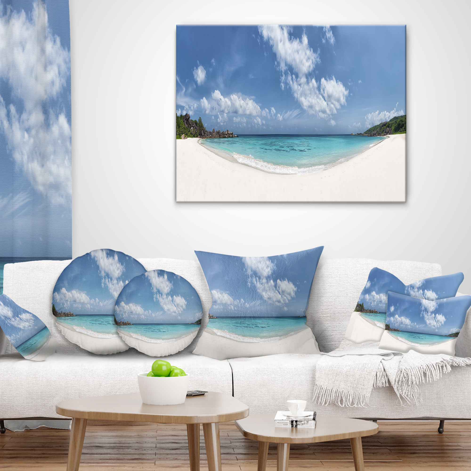 Designart Majestic Seychelles Beach Panorama - Seascape Throw Pillow - 18x18