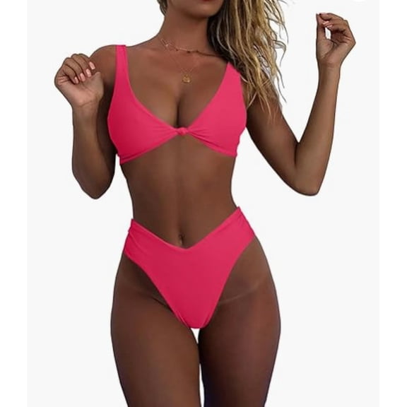 Top-kevin Bikini Set for Women Solid V Neck Knot Front Push Up High Leg Thong Two Piece Swimsuit