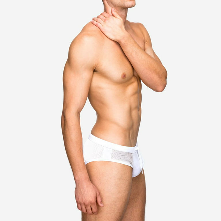 MIZOK Men's Swimming Briefs Swimsuit Sexy Mesh Bikini Trunks White M 