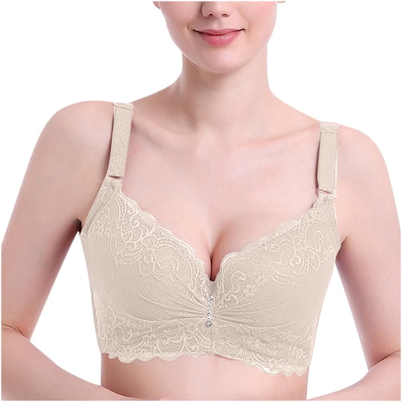 Bigersell Lounge Bra Women Fashion Underwire Lace Comfortable Push Up Hollow Out Bra Underwear Women Size Female Wireless Bra, Style 4533, Beige 42C