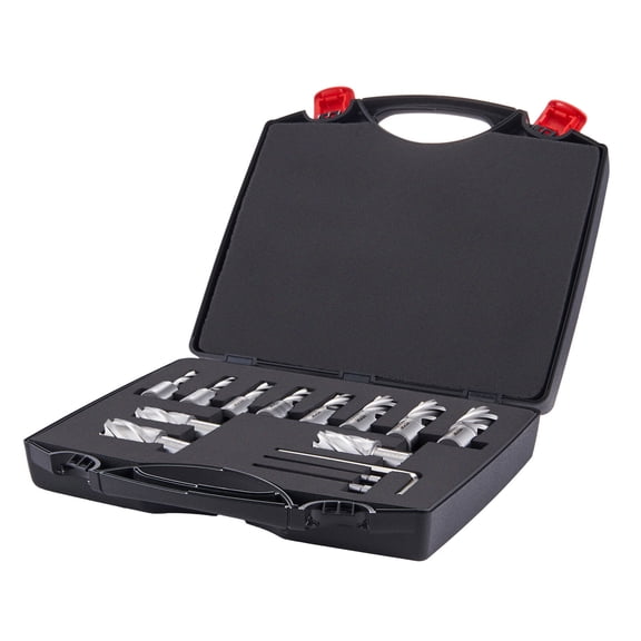 Mechanics Tool Box Annular Cutter Set, 13 pcs Weldon Shank Mag Drill Bits, 7/16" to 1-1/16" Cutting Diameter, 1" Cutting Depth, M2AL HSS, 2 Pilot Pins, Hex Wrench and Portable Case, for Using with M