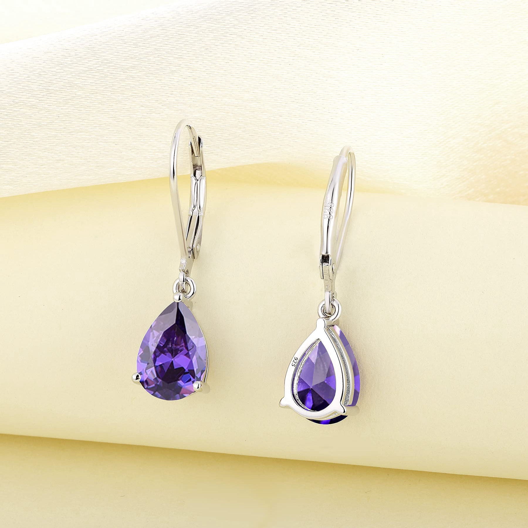 PYNZY Dangle Drop Earrings Sterling Silver Solitaire Leverback Teardrop Earrings for Women Birthstone Created Amethyst Jewelry Gifts for Moms