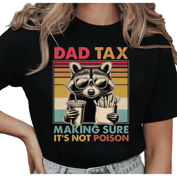 Women's "Dad Tax" Raccoon Graphic Comfortable T Shirt Funny Dad Joke Retro Vintage Short Sleeve Round Neck Top Black S-5XL