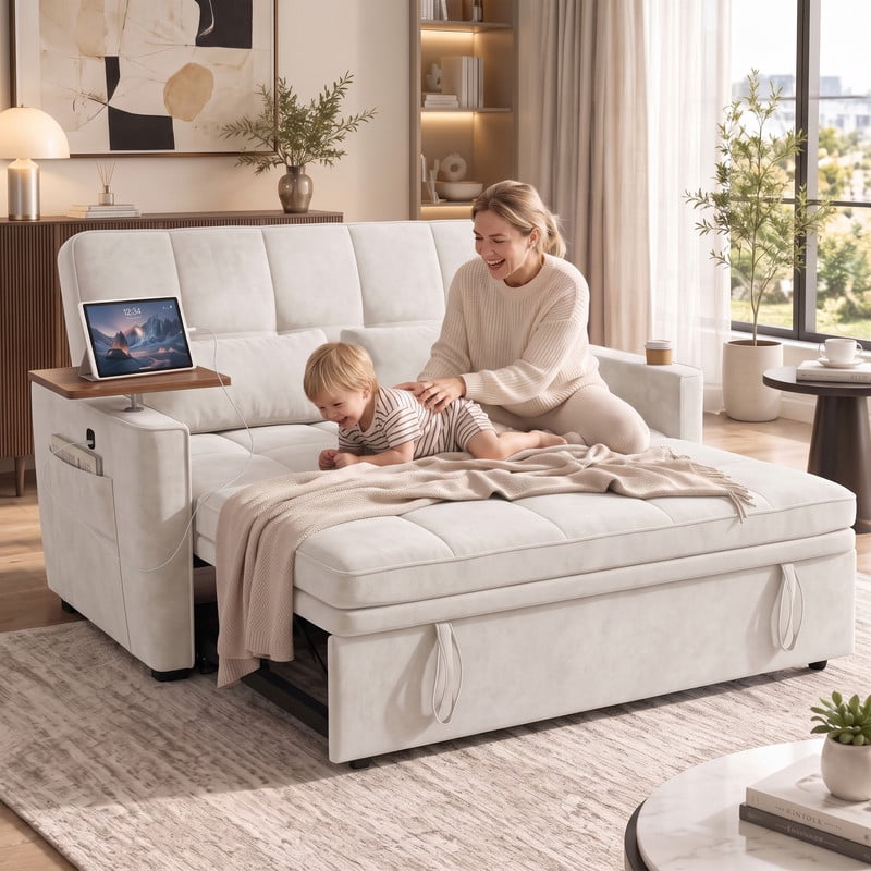 avobird 54'' Pull Out Sofa Bed, Convertible Sleeper Couch for for Living Room, Side Desk, USB Ports, Cup Hold, Velvet Fabric, Adjustable Backrest, Beige