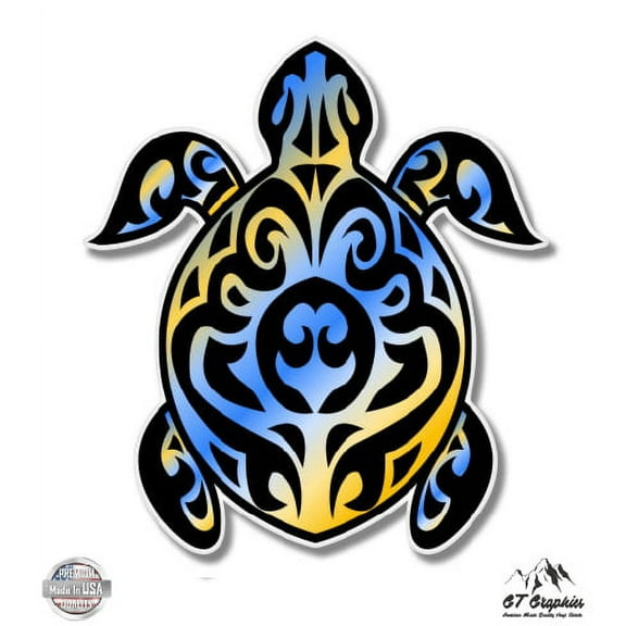 Turtle Tattoo Yellow Blue - 3" Vinyl Sticker - For Car Laptop I-Pad Phone Helmet Hard Hat - Waterproof Decal