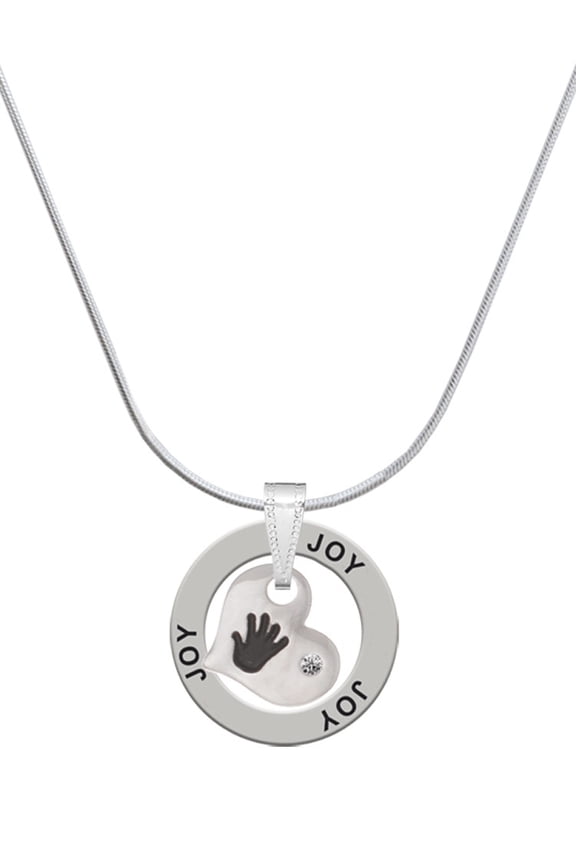 Silvertone Hand Print Heart Joy Ring Charm Necklace, 18"