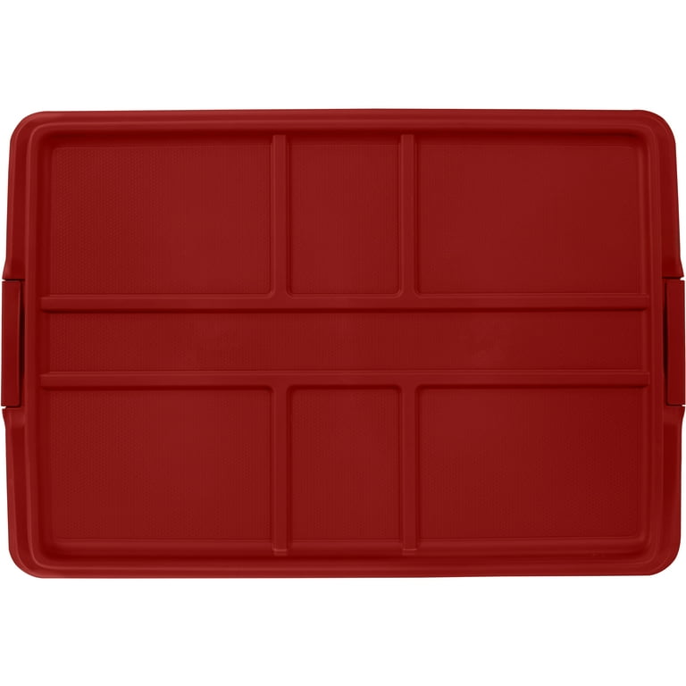 Hefty 72 qt Clear Plastic Holiday Latched Storage Bin, Red Lid 