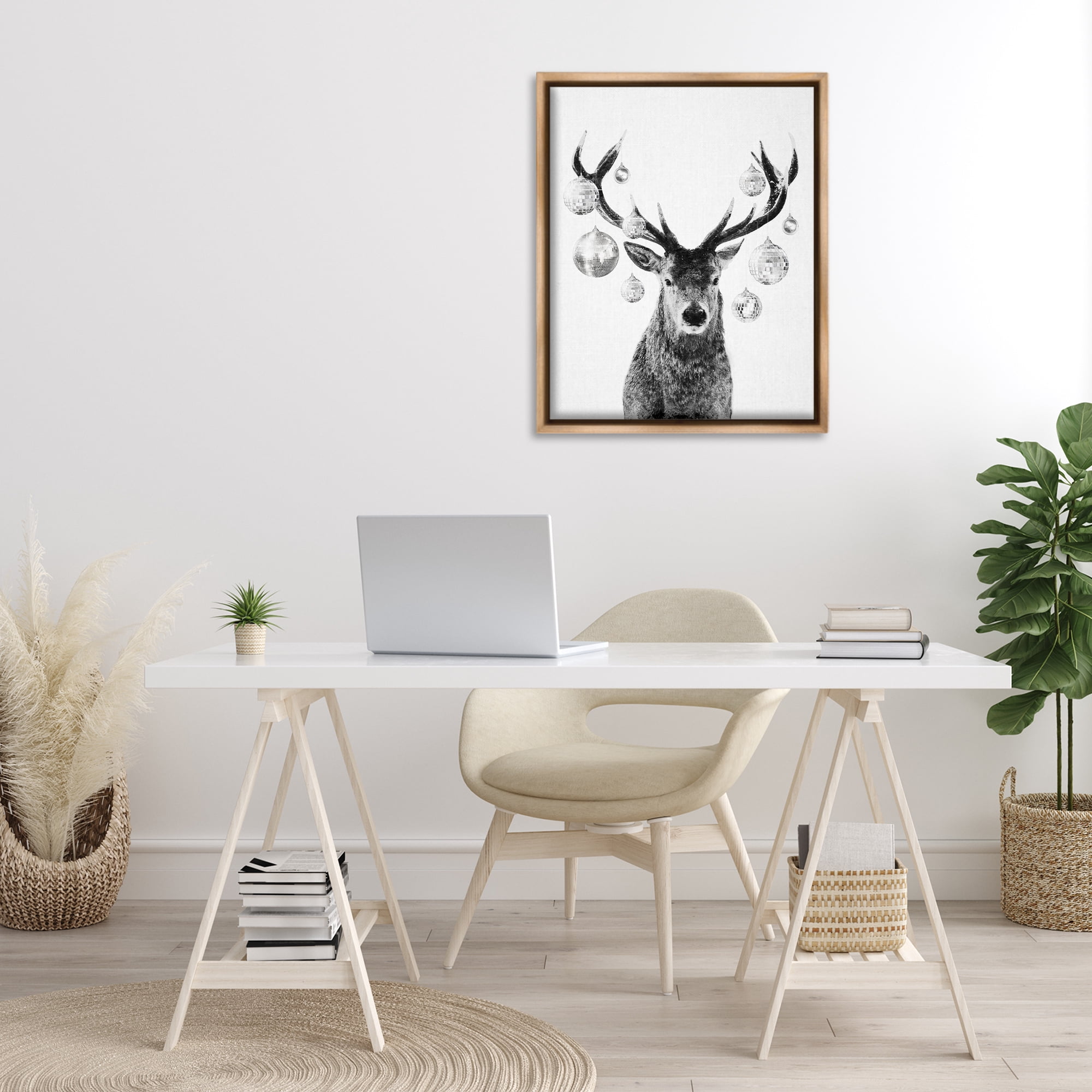 Stupell Industries Deer with Disco Balls Animals & Insects Painting Brown Floater Framed Canvas Art Print Wall Art, 25 x 31