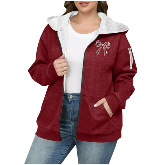 Ruimatai Women's Plus Size Fleece Hooded Jacket Long Sleeve Zip Up Sweater Warm Winter Casual Outerwear Christmas Fashion