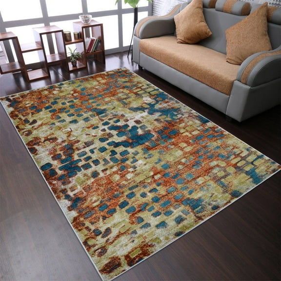 Rugsotic Carpets Machine Made Heatset Polypropylene Area Rugs - 4'X6', Rectangle Shape, Caramel Blue Color, Contemporary Modern Design, High Pile Machine Made Area Rugs For Living Room (M00040)