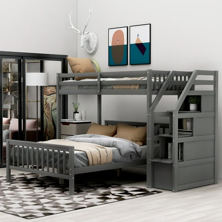 ikayaa Twin over Full Loft Bed with Staircase Gray