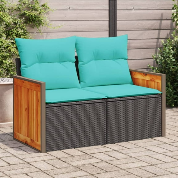 vidaXL Patio Sofa with Cushions 2-Seater Black Poly Rattan