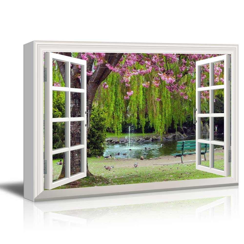 Wall26 Creative Window View Canvas Prints Wall Art Cherry Blossom in