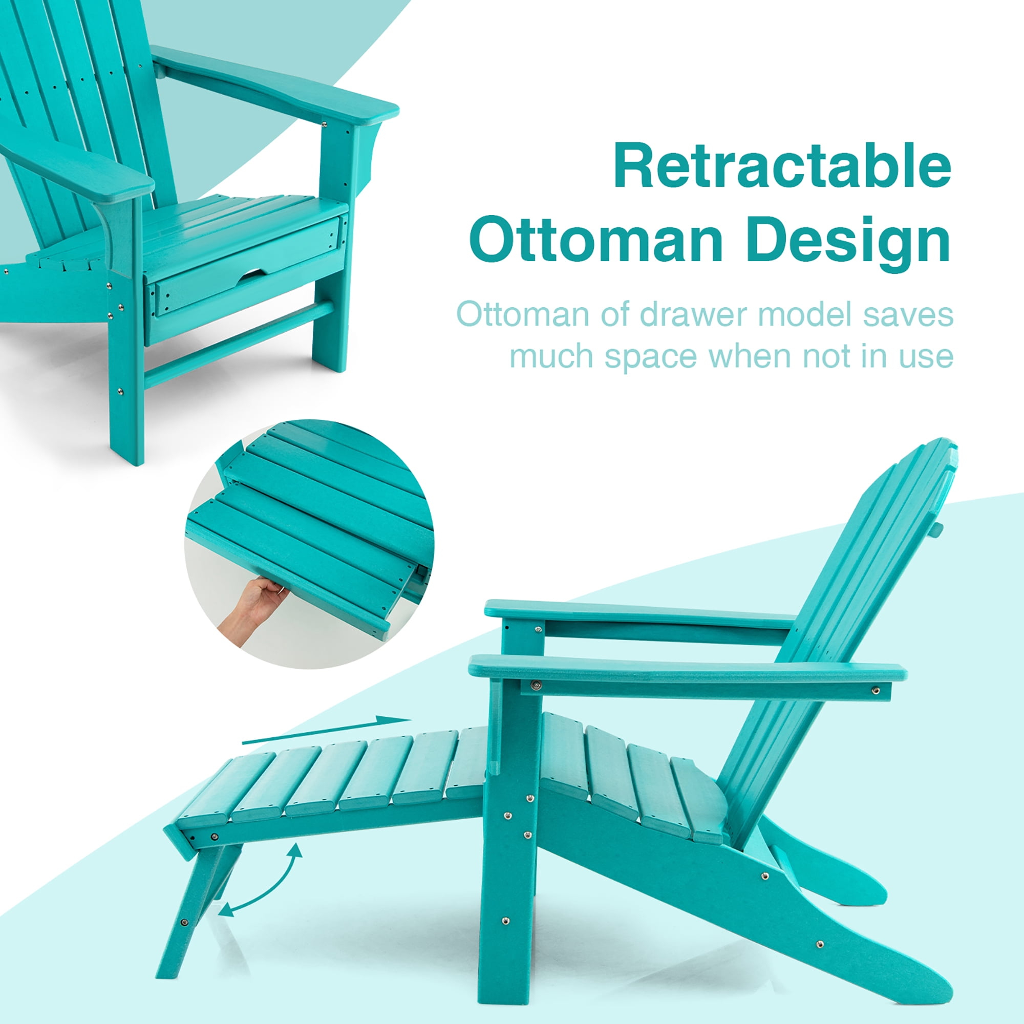 Costway Outdoor Patio HDPE Adirondack Chair Beach Seat Retractable Ottoman Turquoise