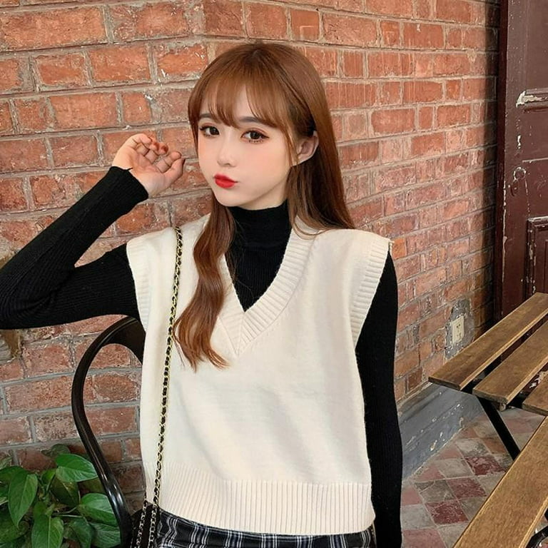 Women's V-Neck Knit Sweater Vest, Solid Color Sleeveless Loose Top, White