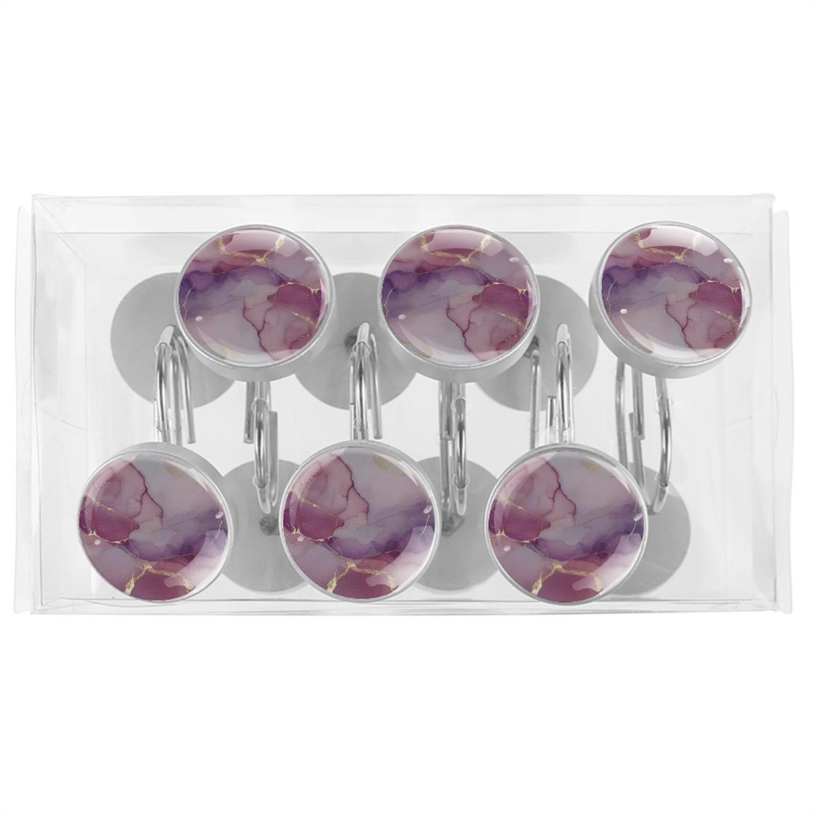 HemaKayy 12 Pcs Shower Curtain Hooks Bathroom Decorative Accessories Marble Pattern Pink Purple