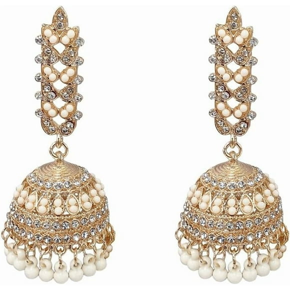 Bohemian CZ Jhumki Bell Beaded Tassel Dangle Earrings for Women Gold Plated Vintage Ethnic Jhumka Crystal Indian Chandelier Statement Dangling Stud Traditional Gypsy Festival Jewelry