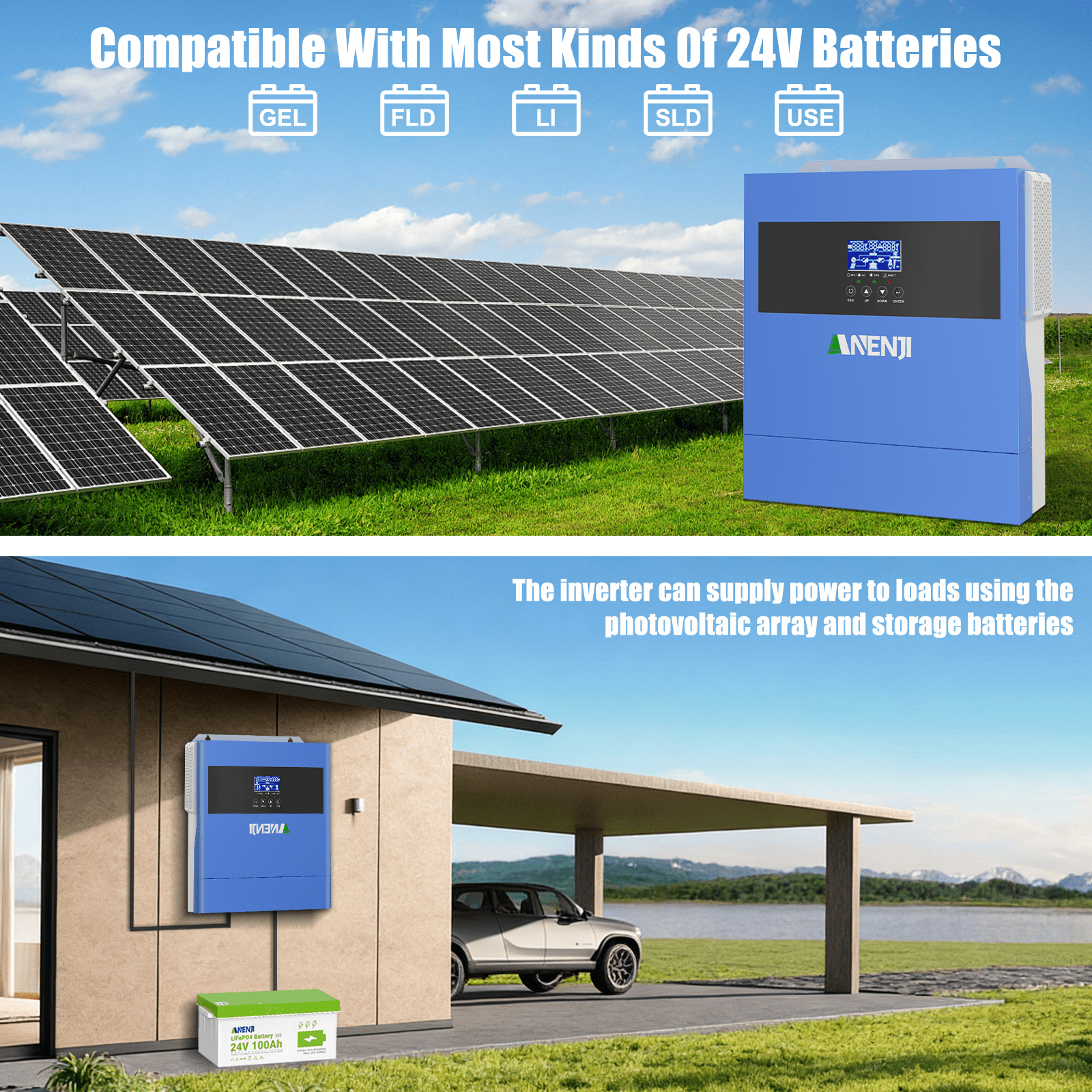 ANENJI 4200W Hybrid Inverter 24VDC, 220/230V AC All-in-One Pure Sine Wave 100A MPPT, Max PV Input Voltage 500V