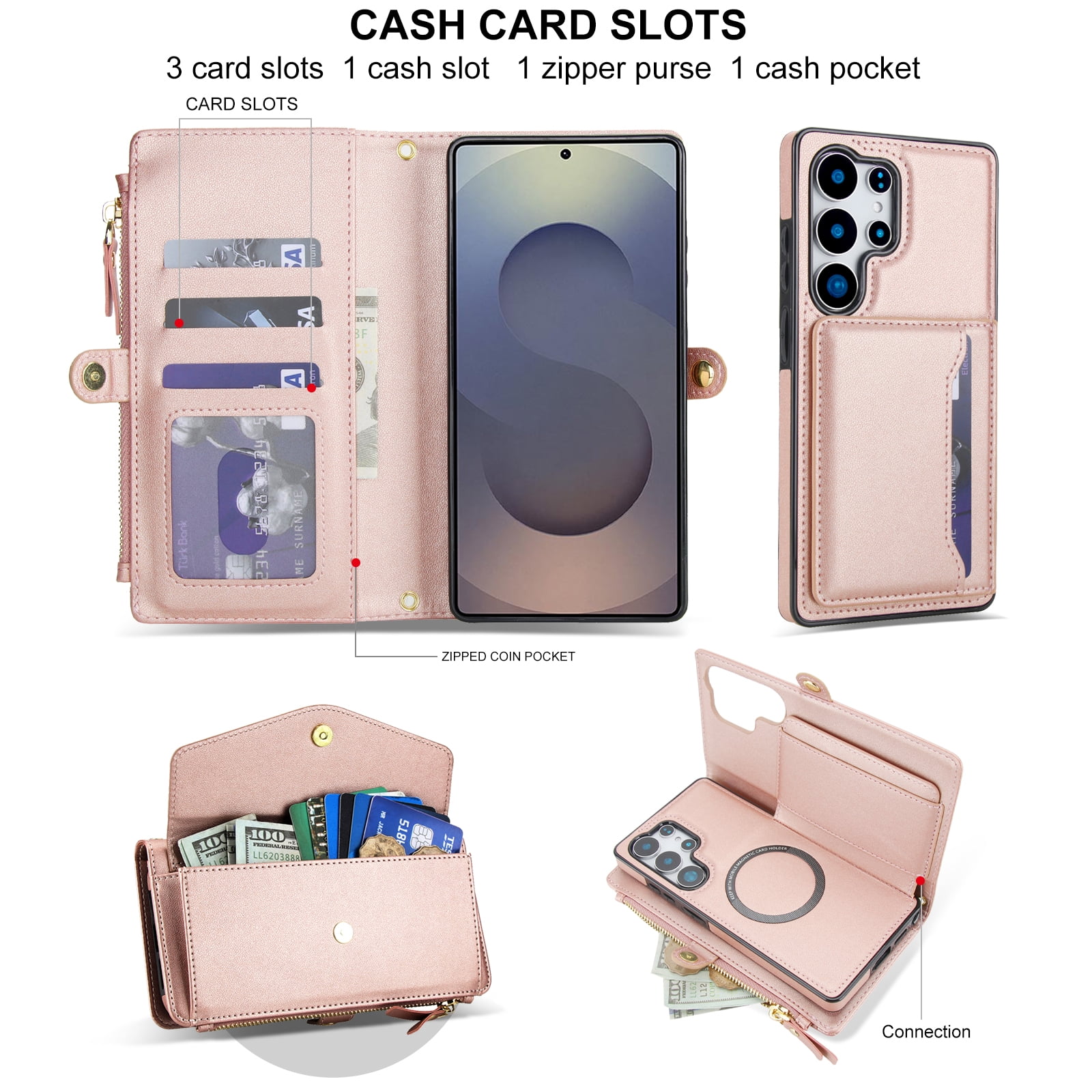 Designed for Samsung Galaxy S25 Ultra Multi-Function Wallet Phone Case,With Shoulder Strap&Wrist Strap,Cash Pocket&Card Slots,Zipper Purse,Magnetic Detachable PU Leather Flip Phone Case,Rosegold