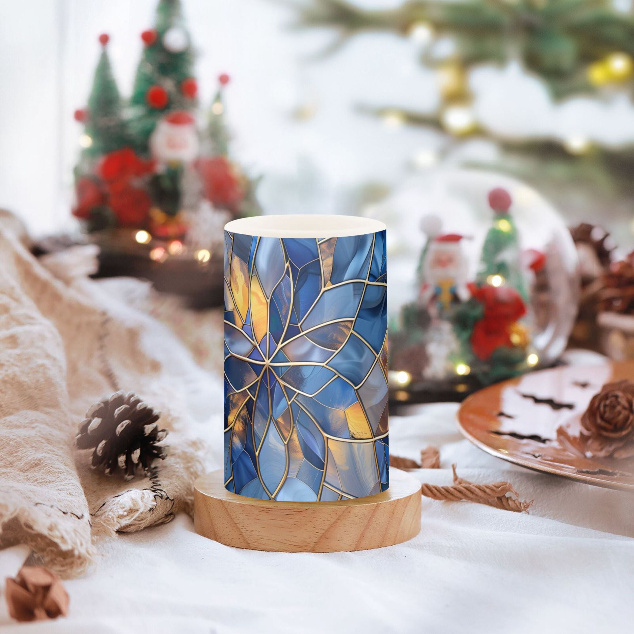 Blue and Gold Glass Flickering Flameless Candles Battery Operated with Remote Timer LED Pillar Candles Set of 2