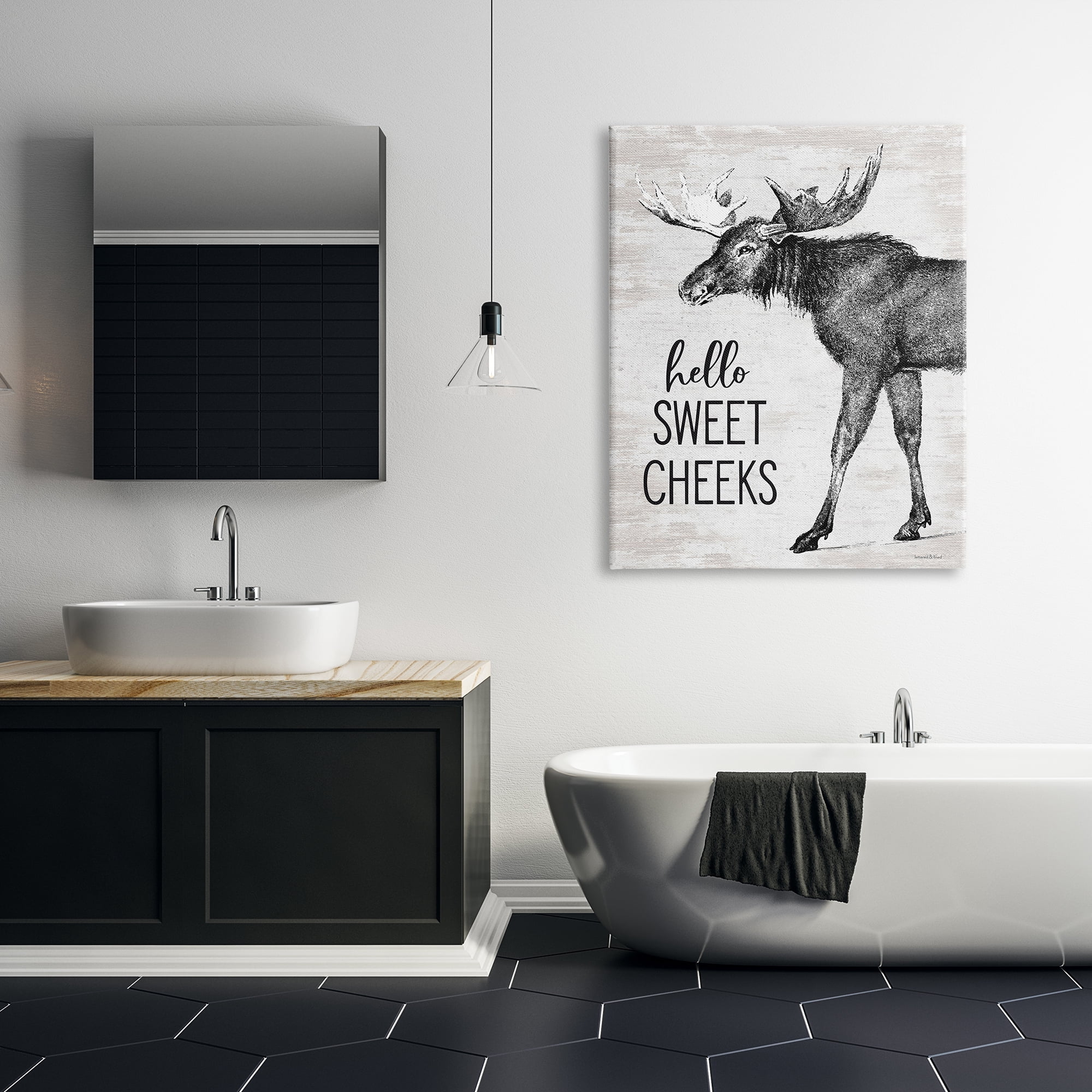 Hello Sweet Cheeks Funny Bathroom Humor Rustic Moose 36 in x 48 in Painting Canvas Art Print, by Stupell Home Décor