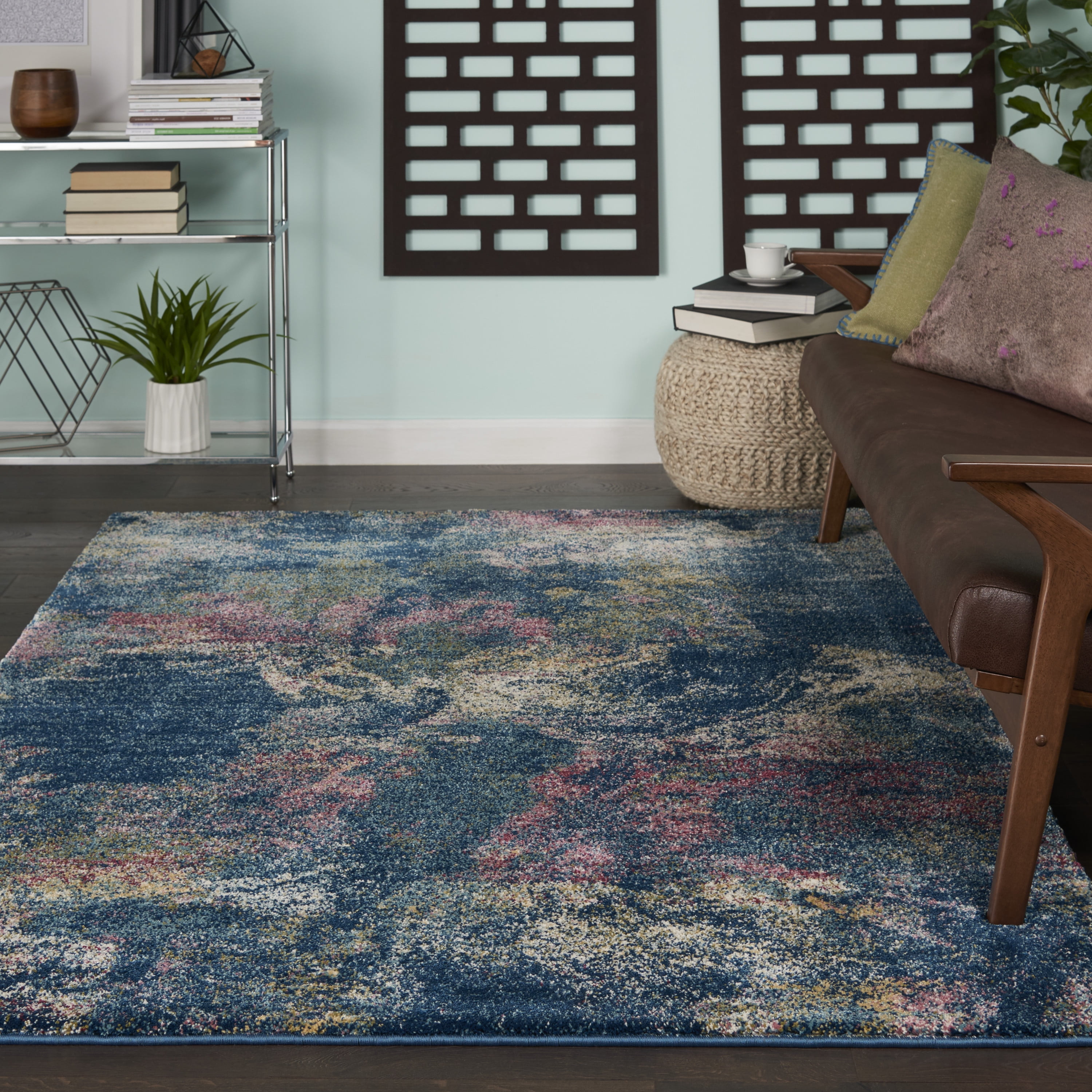 Nourison Fusion Lowpile Shag Abstract Blue Multi Colored Area Rug