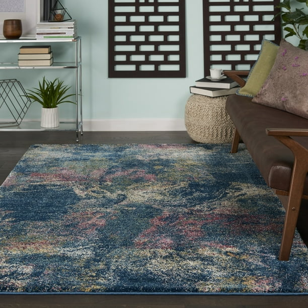Nourison Fusion Lowpile Shag Abstract Blue Multi Colored