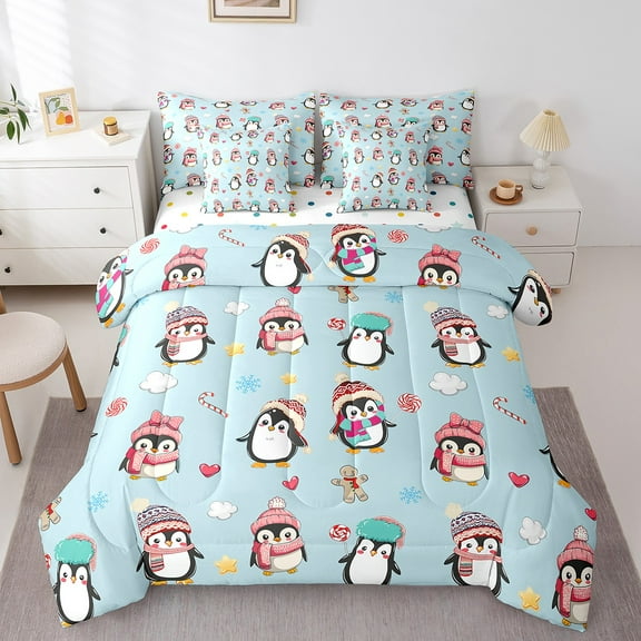 Erosebridal Cartoon Penguin Bedding Sets Twin Size,Antarctic Animals Comforter Sets with Sheets,Microfiber Reversible Bed in a Bag Twin size,Kawaii Decor,7pcs